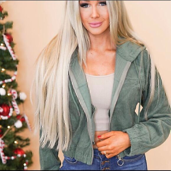 MADE With Love Olive Green Corduroy Cropped Hoodie Jacket - Picture 1 of 14